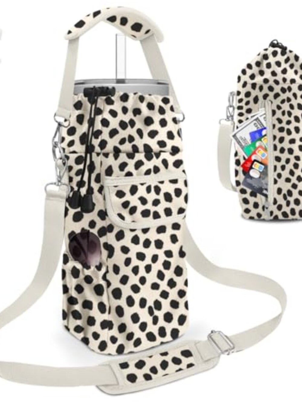 Polka Dot Water Bottle Holder with Strap 4 Pockets Crossbody Sling Bag